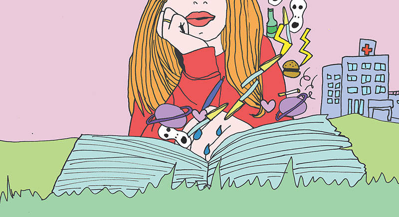 illustratie van een meisje met een dagboek waaruit allerlei tekeningen vliegen.