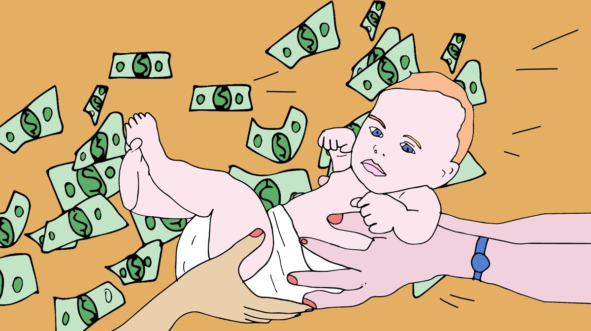 Een illustratie van een baby wat overhandigt wordt met geld op de achtergrond.